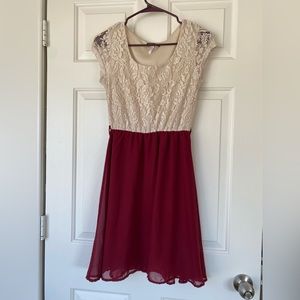 Cream lace and maroon dress